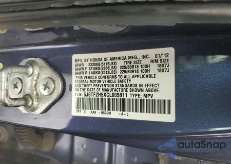 2012 Honda Crosstour Exl z USA, uszkodzony, nr VIN 5J6TF2H5XCL005811